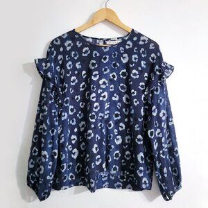 Xirena Luna Indigo Fleur Long Sleeve Top Size M Boat Neck Floral Peasant